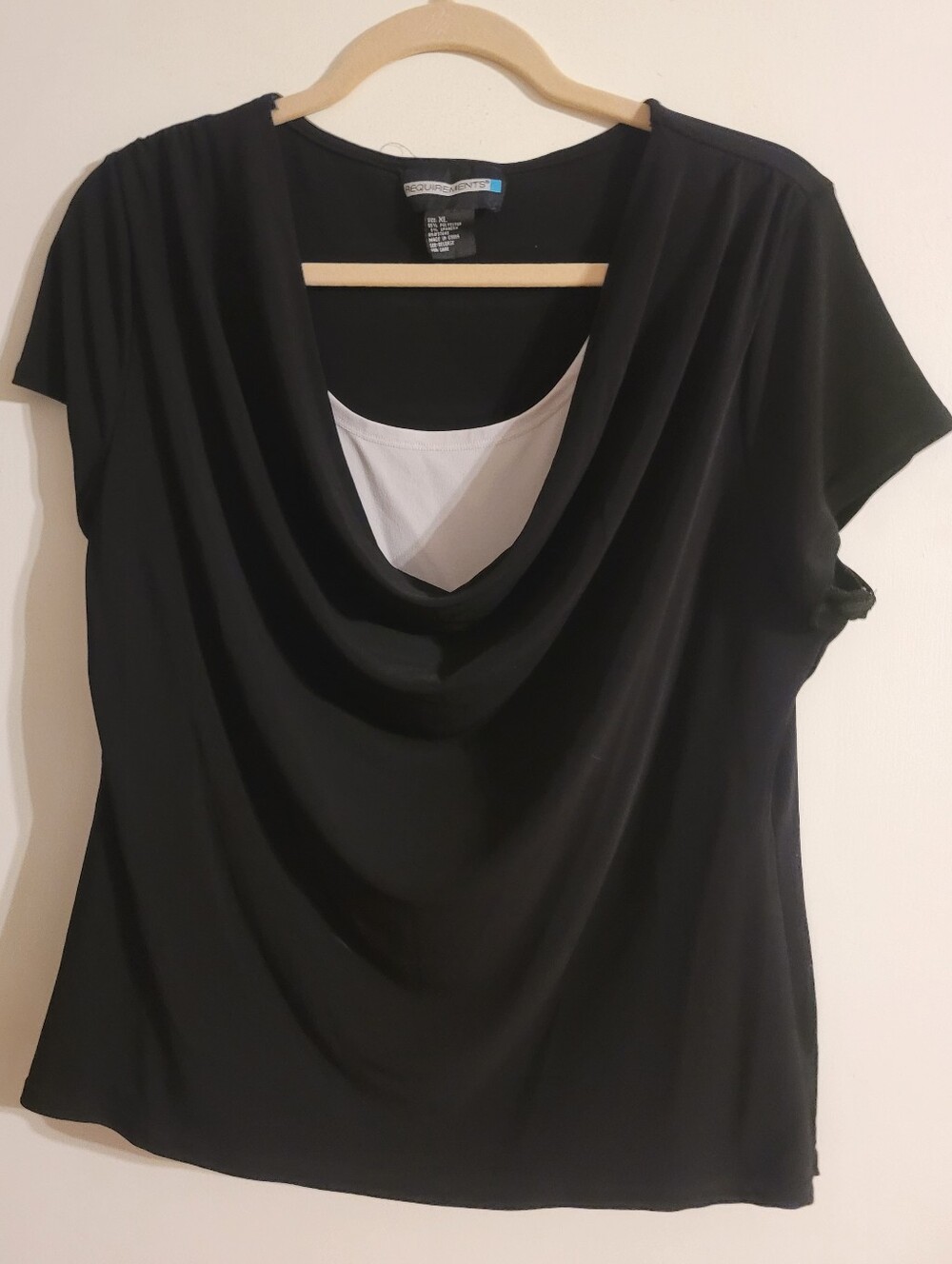 Requirements Black Draped Cowl Neck Short Sleeve Top with White Underlayer